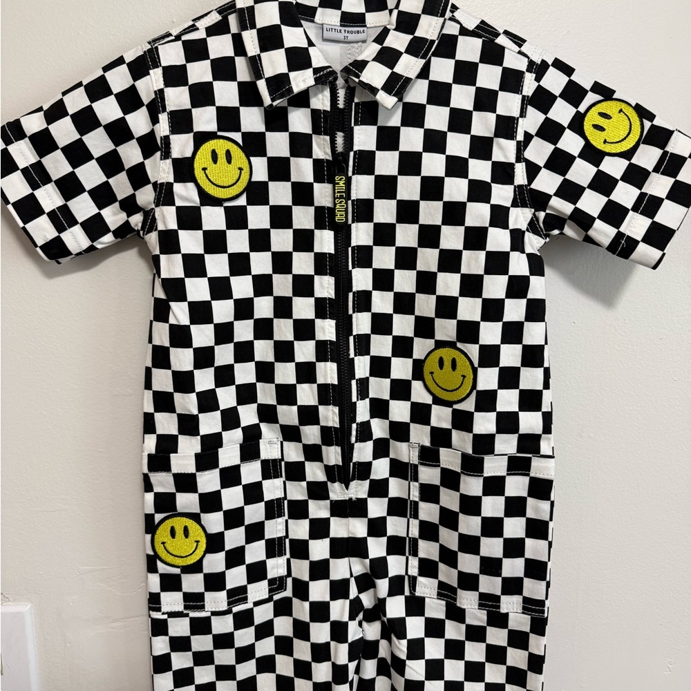 New Little Trouble Checkerboard Smiley Patch Jumpsuit size 3T